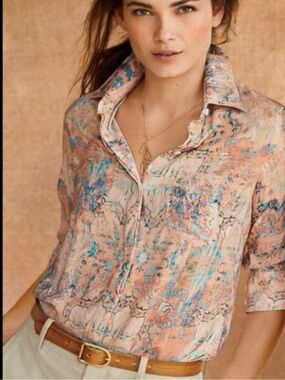 PERUVIAN CONNECTION mediterranean tile print button front shirt boho size S